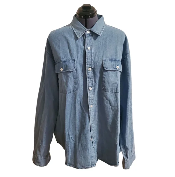 Customized Version Mens Denim Button Down Oversized Shirt Light Blue Wash Sz 2XL - Picture 1 of 12